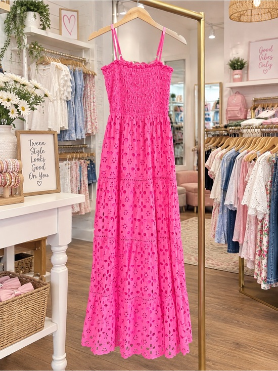 FLOWERS BY ZOE Other - FLOWERS BY ZOE maxi dress in pink coral hot pink eyelet smocked size L